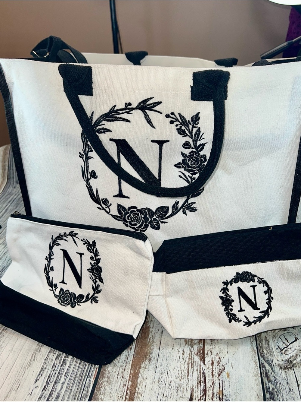 Monogram “N” Canvas Tote Bag 3 pc Set – Tote, Pouch & Organizer | Black & White